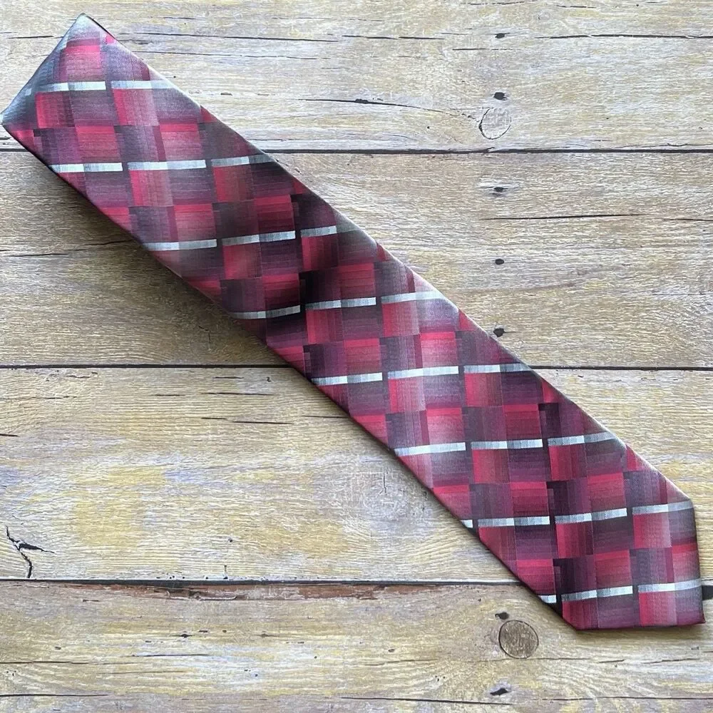 Pierre Cardin‎ Mens Geometric Plaid Tie Burgundy Grey Black Tie Chain Accessory